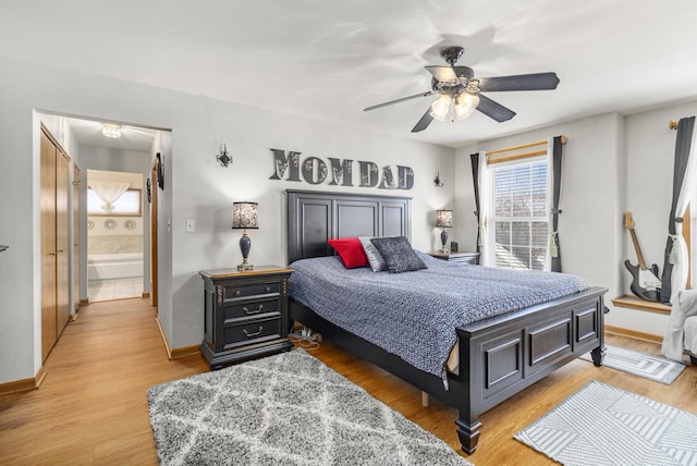 bedroom featuring light hardwood / wood-style flooring and ceiling fan