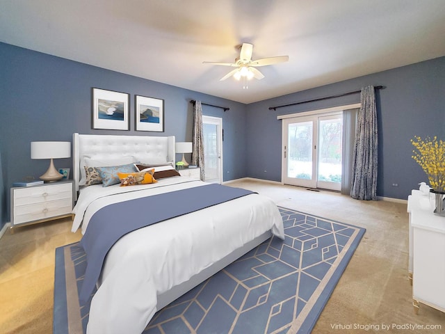 bedroom with a ceiling fan, carpet, access to outside, and baseboards