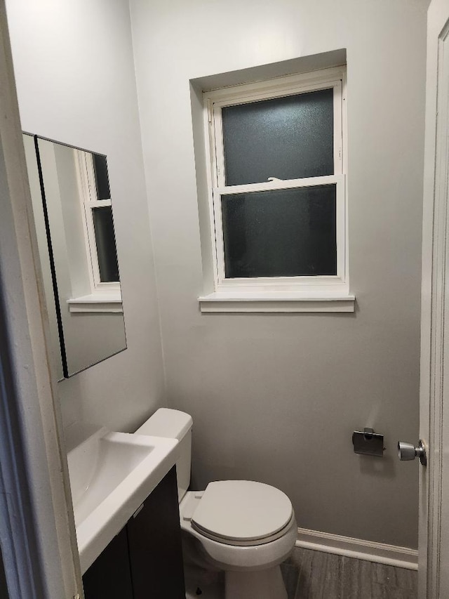 7715 S Paxton Ave, Chicago, IL 60649 - bathroom with vanity, toilet, wood finished floors, and baseboards