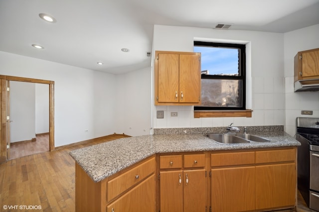 kitchen with backsplash, sink, stainless steel stove, light hardwood / wood-style floors, and kitchen peninsula