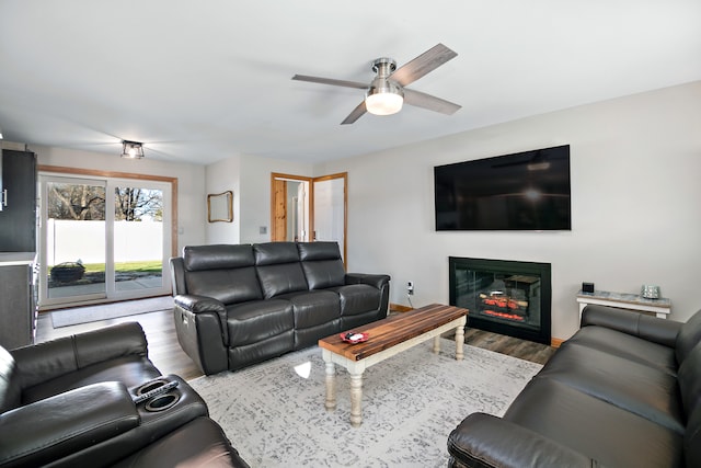 living room with ceiling fan and hardwood / wood-style floors