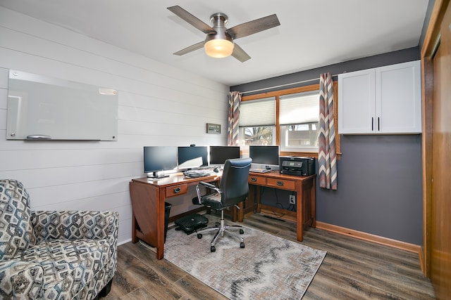 home office with dark hardwood / wood-style floors, ceiling fan, and wood walls