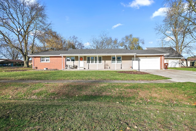 ranch-style house with a front yard, a porch, and a garage