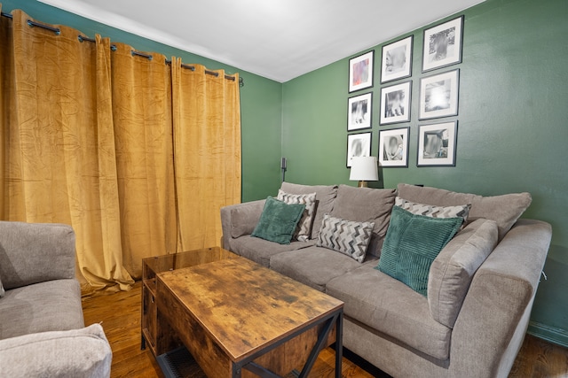 living room featuring dark wood-type flooring