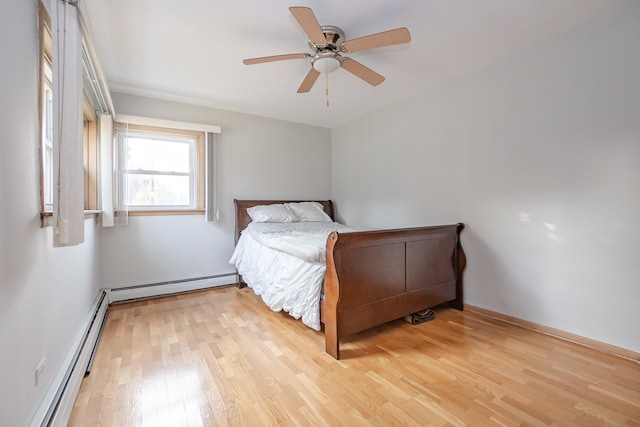 unfurnished bedroom featuring ceiling fan, light hardwood / wood-style flooring, and a baseboard radiator