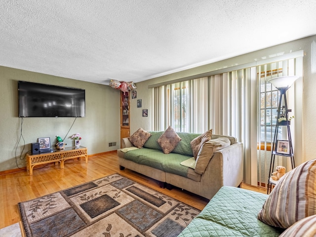 living room featuring hardwood / wood-style flooring and a textured ceiling