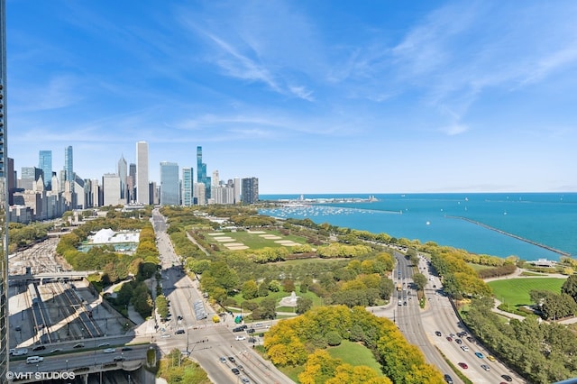 drone / aerial view featuring a water view