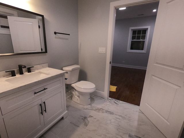 bathroom featuring vanity, toilet, and wood-type flooring