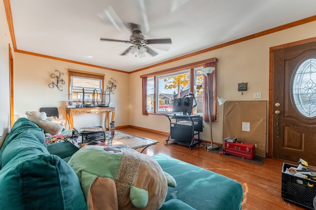 living room featuring light wood-type flooring, ceiling fan, and crown molding