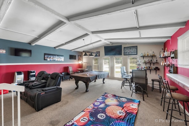 playroom featuring carpet floors, bar, lofted ceiling, and pool table