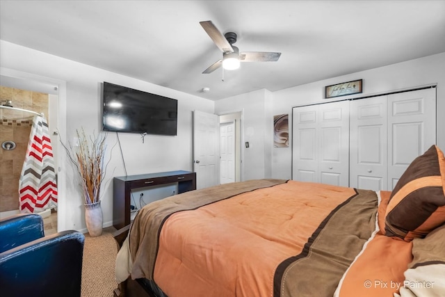 bedroom with carpet floors, a closet, and ceiling fan