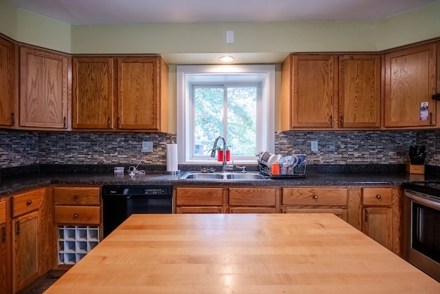 kitchen featuring wood counters, stainless steel range with electric cooktop, sink, black dishwasher, and tasteful backsplash