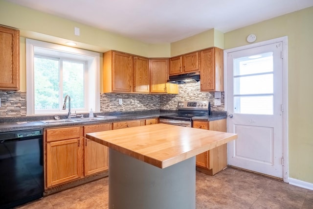 615 W Union St, Champaign, IL 61820 - kitchen featuring dark countertops, under cabinet range hood, decorative backsplash, and stainless steel electric stove