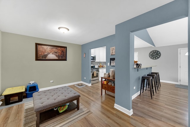 living room featuring light hardwood / wood-style floors and vaulted ceiling