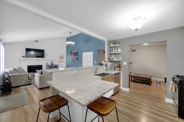 kitchen featuring dishwasher, lofted ceiling, decorative light fixtures, light hardwood / wood-style floors, and a kitchen bar