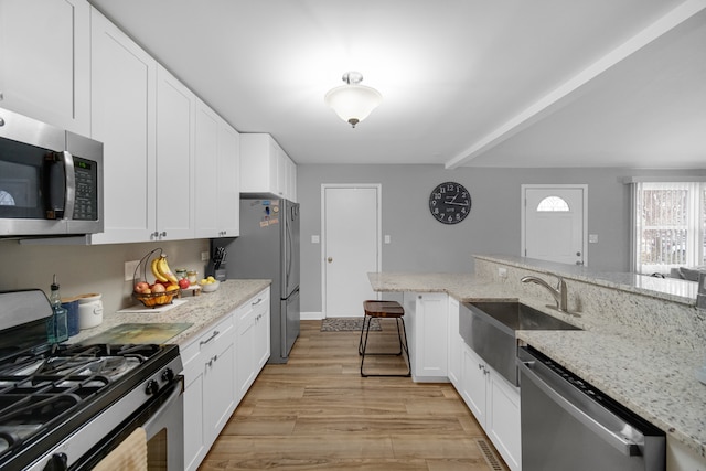 kitchen featuring light stone countertops, stainless steel appliances, and light hardwood / wood-style flooring