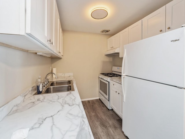 kitchen with white cabinets, white appliances, dark wood-type flooring, and sink