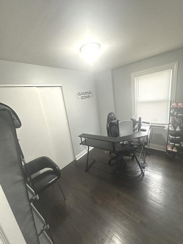 office with dark hardwood / wood-style flooring