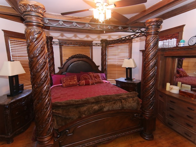 bedroom featuring hardwood / wood-style flooring and ceiling fan