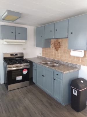 kitchen featuring gas stove, sink, dark wood-type flooring, blue cabinets, and exhaust hood