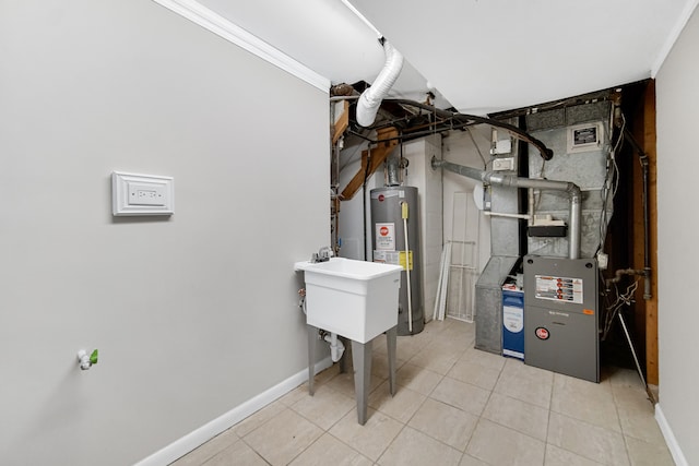 utility room featuring gas water heater and heating unit