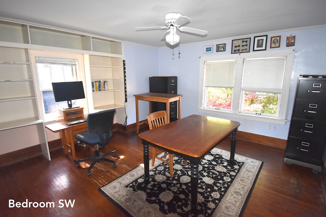 office area featuring dark hardwood / wood-style flooring, ceiling fan, and crown molding