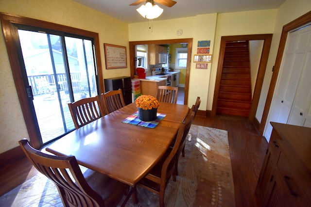 dining space featuring hardwood / wood-style flooring and ceiling fan