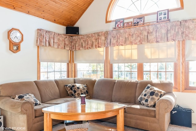 living room featuring carpet, wood ceiling, and high vaulted ceiling