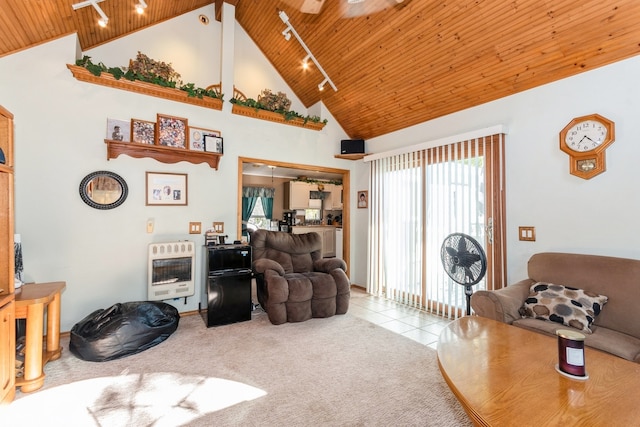 carpeted living room featuring track lighting, wood ceiling, high vaulted ceiling, and heating unit