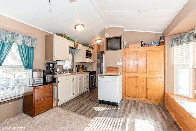 kitchen featuring plenty of natural light, dark hardwood / wood-style flooring, white cabinetry, and appliances with stainless steel finishes