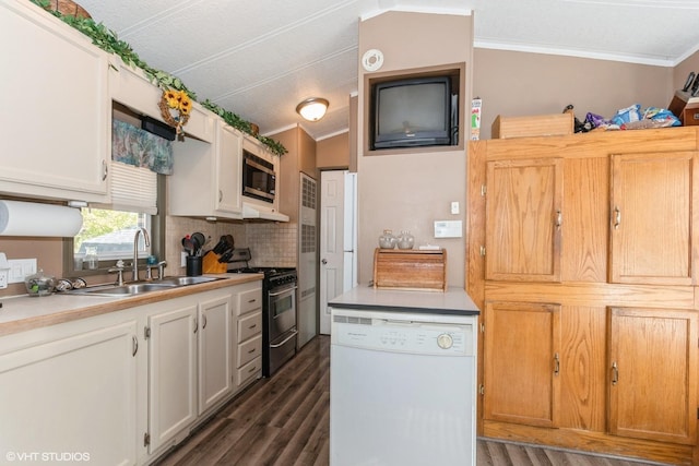 184 Eon Ln, Wilmington, IL 60481 - kitchen featuring stainless steel appliances, a sink, dark wood-style flooring, lofted ceiling, and ornamental molding