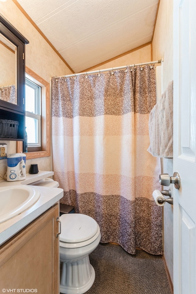 bathroom with vaulted ceiling, a textured ceiling, toilet, vanity, and a shower with shower curtain