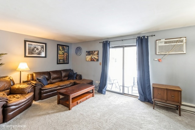 carpeted living room featuring a baseboard heating unit and a wall mounted AC