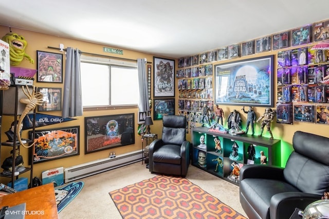 living area featuring light carpet and a baseboard heating unit