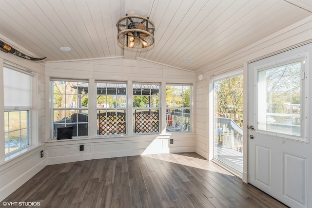 unfurnished sunroom featuring wooden ceiling and vaulted ceiling