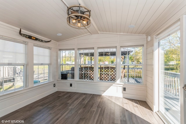 unfurnished sunroom with a wealth of natural light, wood ceiling, and lofted ceiling