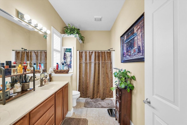 full bath with a shower with shower curtain, toilet, vanity, and tile patterned flooring