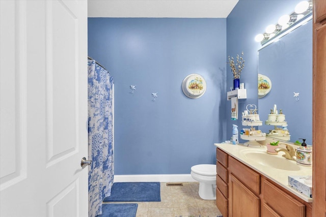 full bath featuring tile patterned floors, visible vents, toilet, baseboards, and vanity