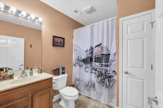 bathroom with tile patterned floors, visible vents, a shower with curtain, toilet, and vanity