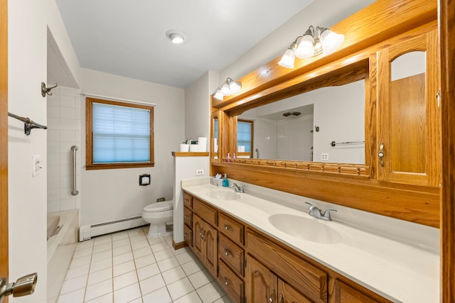 full bathroom with tiled shower / bath combo, baseboard heating, tile patterned flooring, toilet, and vanity