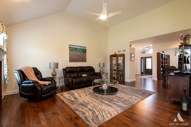 living room featuring ceiling fan, french doors, high vaulted ceiling, and dark hardwood / wood-style floors