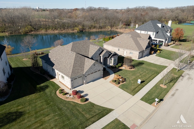 drone / aerial view featuring a water view