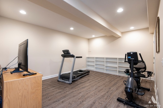 workout room with dark hardwood / wood-style floors