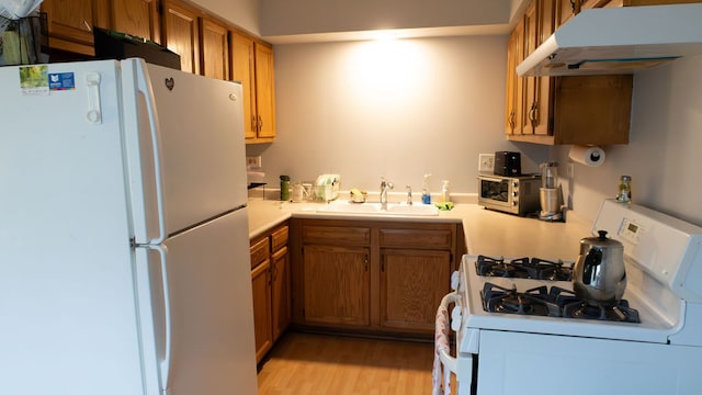 kitchen featuring sink, white appliances, and light wood-type flooring