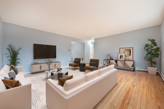 living room with light wood-type flooring and baseboard heating