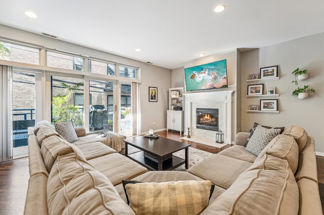 living room with hardwood / wood-style floors and a healthy amount of sunlight