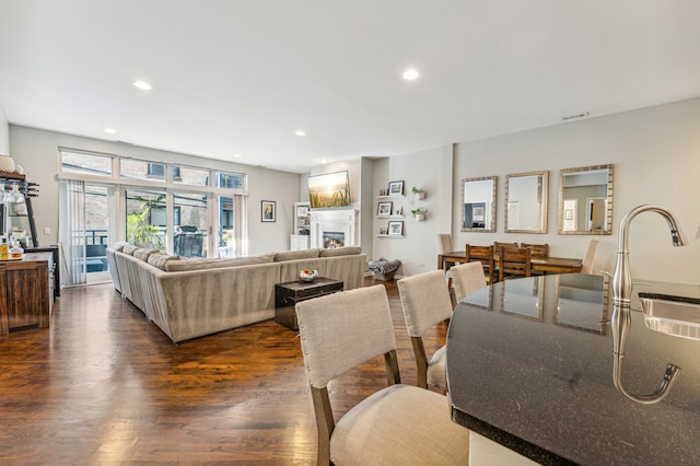 living room with dark hardwood / wood-style flooring and sink