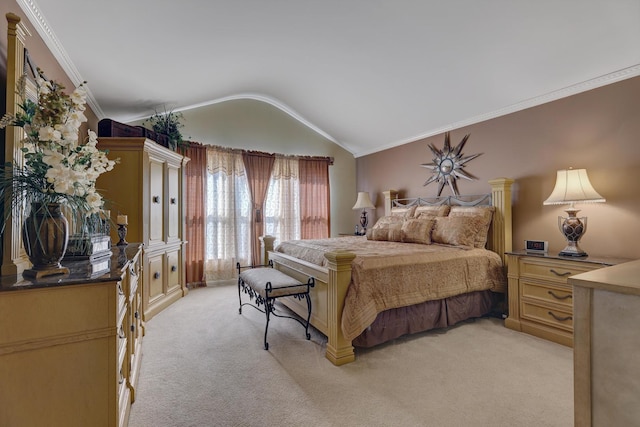 bedroom with crown molding, light carpet, and vaulted ceiling