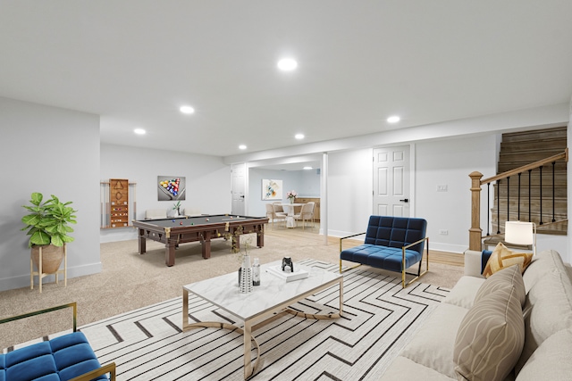 carpeted living room with billiards