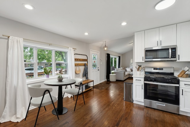 kitchen featuring vaulted ceiling, white cabinets, stainless steel appliances, and dark hardwood / wood-style floors